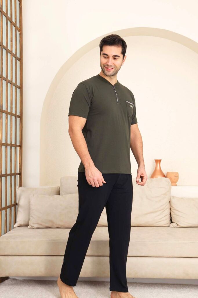 Erkek Pijama Takımı - Yeşil Arma Nakışlı Likralı Kısa Kollu Penye 1194KY - 2