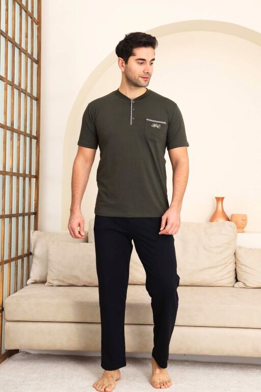 Erkek Pijama Takımı - Yeşil Arma Nakışlı Likralı Kısa Kollu Penye 1194KY - 3