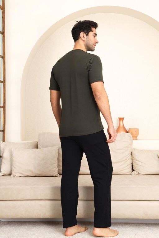 Erkek Pijama Takımı - Yeşil Arma Nakışlı Likralı Kısa Kollu Penye 1194KY - 4