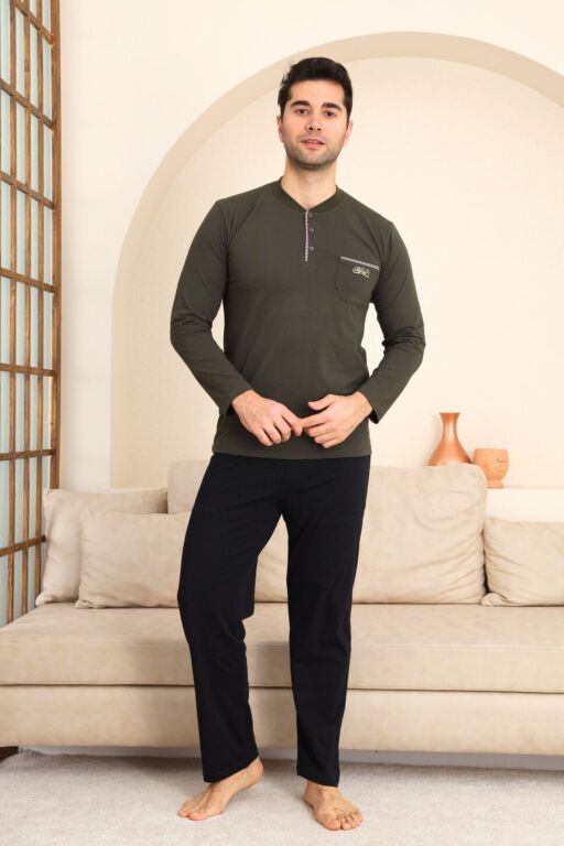 Erkek Pijama Takımı - Yeşil Arma Nakışlı Likralı Uzun Kollu Penye 1194UY - Alimer