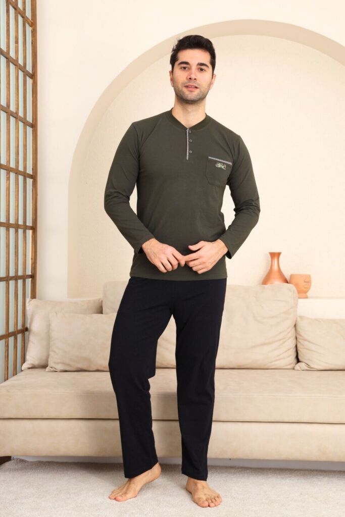 Erkek Pijama Takımı - Yeşil Arma Nakışlı Likralı Uzun Kollu Penye 1194UY - 1