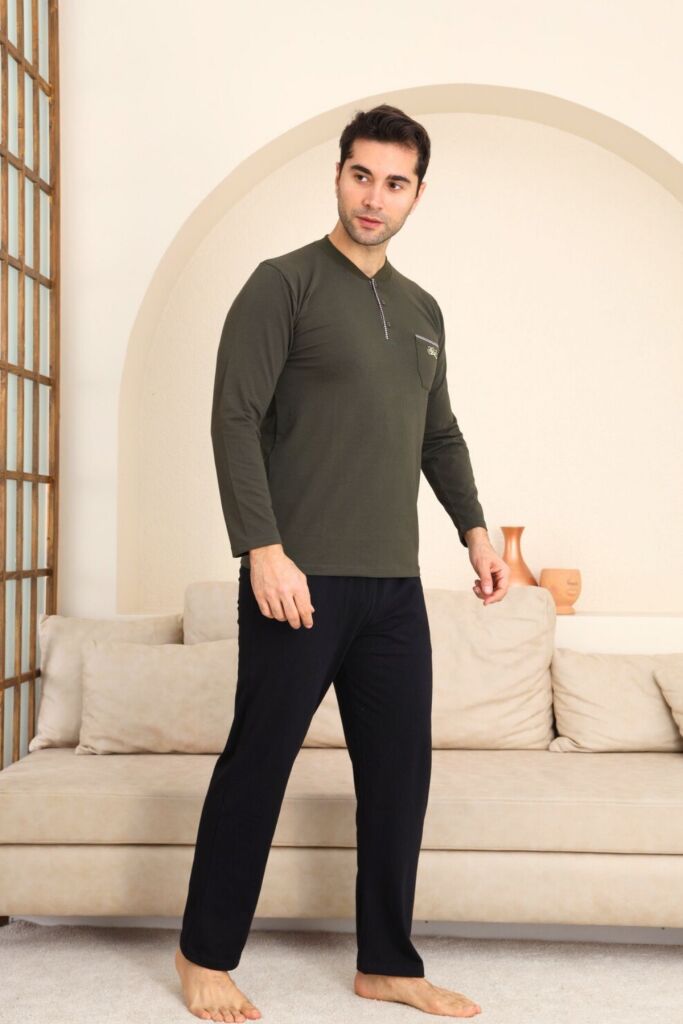 Erkek Pijama Takımı - Yeşil Arma Nakışlı Likralı Uzun Kollu Penye 1194UY - 2