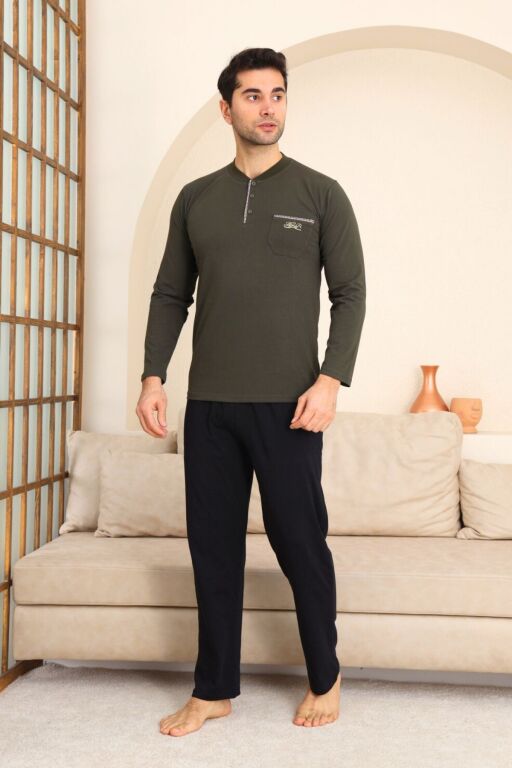 Erkek Pijama Takımı - Yeşil Arma Nakışlı Likralı Uzun Kollu Penye 1194UY - 3