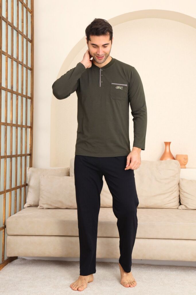 Erkek Pijama Takımı - Yeşil Arma Nakışlı Likralı Uzun Kollu Penye 1194UY - 4