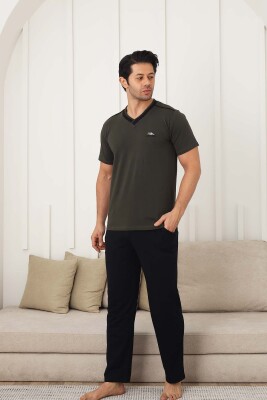 Erkek Pijama Takımı - Yeşil Arma Nakışlı Likralı V Yaka Kısa Kollu 1212KY - 2