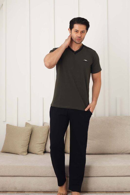 Erkek Pijama Takımı - Yeşil Arma Nakışlı Likralı V Yaka Kısa Kollu 1212KY - 4