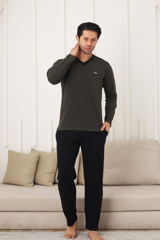 Erkek Pijama Takımı - Yeşil Arma Nakışlı Likralı V Yaka Uzun Kollu Penye 1212UY - 2