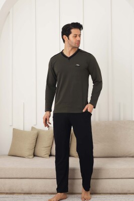 Erkek Pijama Takımı - Yeşil Arma Nakışlı Likralı V Yaka Uzun Kollu Penye 1212UY - 3