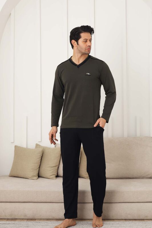 Erkek Pijama Takımı - Yeşil Arma Nakışlı Likralı V Yaka Uzun Kollu Penye 1212UY - 3