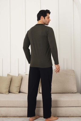 Erkek Pijama Takımı - Yeşil Arma Nakışlı Likralı V Yaka Uzun Kollu Penye 1212UY - 5