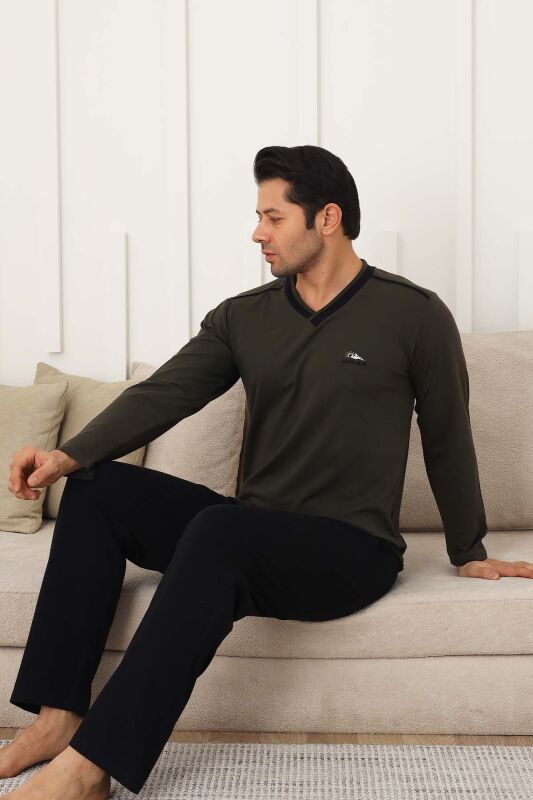 Erkek Pijama Takımı - Yeşil Arma Nakışlı Likralı V Yaka Uzun Kollu Penye 1212UY - 4