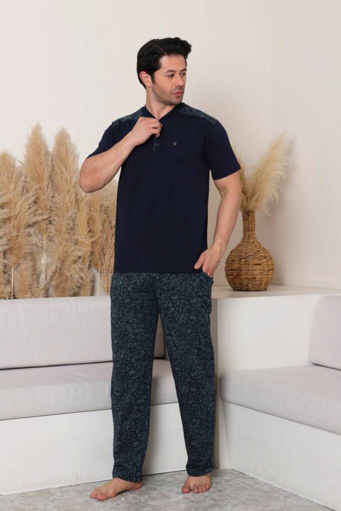 Erkek Pijama Takımı - Yeşil Kamuflaj Desen Likralı Kısa Kollu Penye 1229KYL - 1