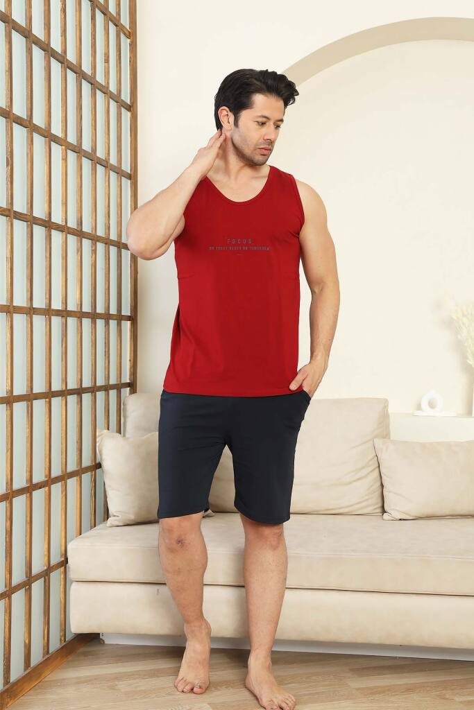 Erkek Şort Takımı - Bordo Focus Baskılı Askılı Penye Takım 1070ŞT - 3