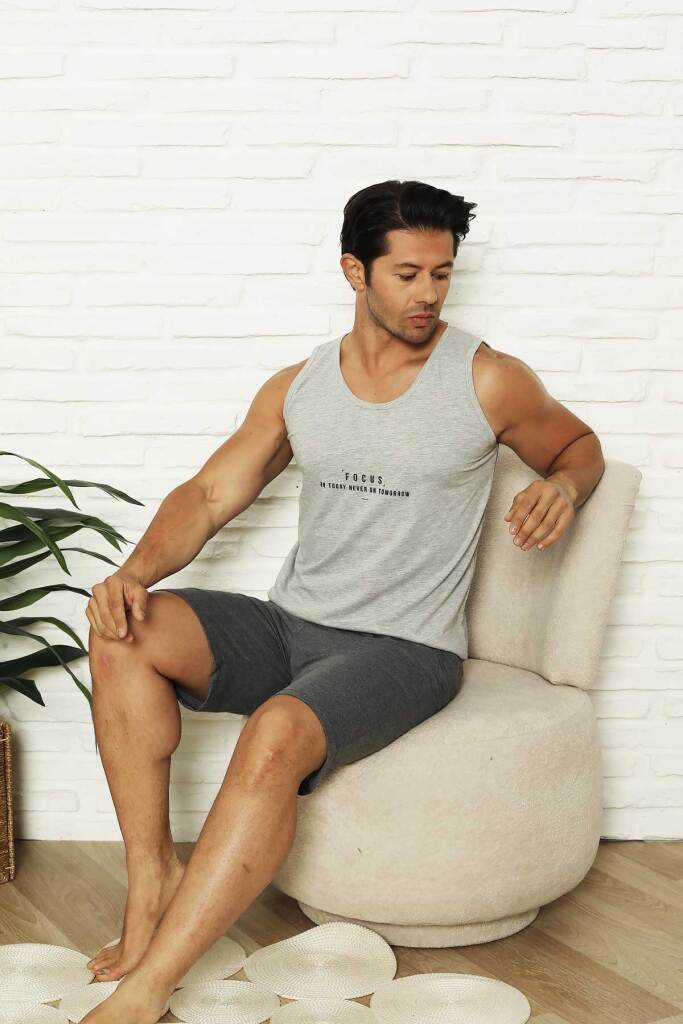 Erkek Şort Takımı - Gri Focus Baskılı Askılı Penye Takım 1070ŞT - 2