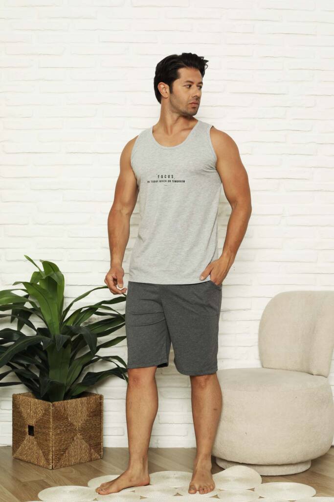 Erkek Şort Takımı - Gri Focus Baskılı Askılı Penye Takım 1070ŞT - 1