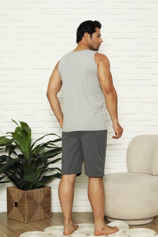 Erkek Şort Takımı - Gri Focus Baskılı Askılı Penye Takım 1070ŞT - 4