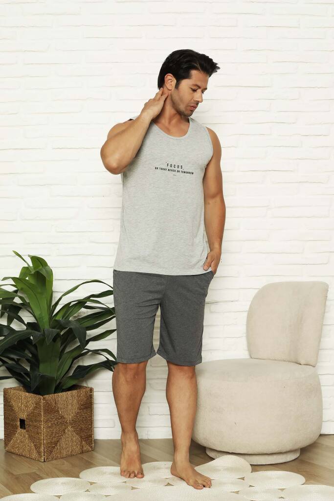 Erkek Şort Takımı - Gri Focus Baskılı Askılı Penye Takım 1070ŞT - 3