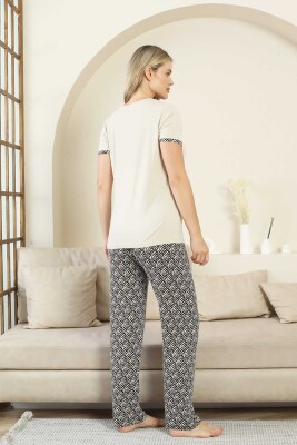 Etnik Desenli Kadın Pijama Takımı - Bej V Yaka Kısa Kollu Bambu Likralı 2866KY - 5