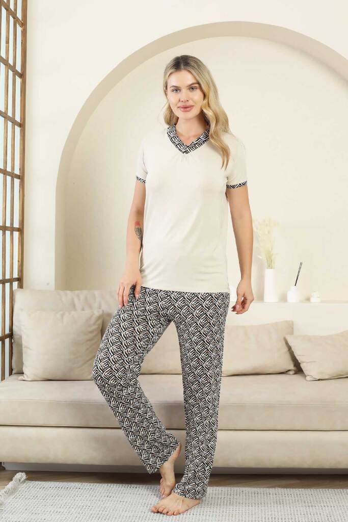 Etnik Desenli Kadın Pijama Takımı - Bej V Yaka Kısa Kollu Bambu Likralı 2866KY - 1
