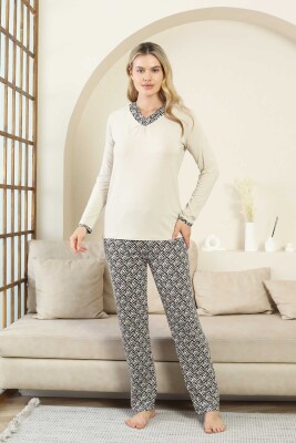 Etnik Desenli Kadın Pijama Takımı - Bej V Yaka Uzun Kollu Bambu Likralı 2866UY - 2