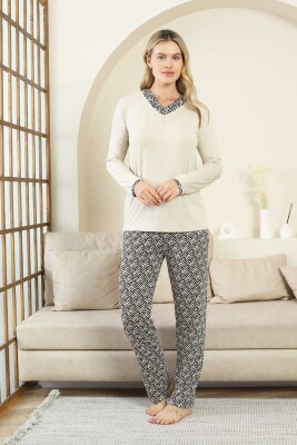 Etnik Desenli Kadın Pijama Takımı - Bej V Yaka Uzun Kollu Bambu Likralı 2866UY - 3