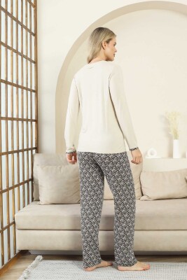 Etnik Desenli Kadın Pijama Takımı - Bej V Yaka Uzun Kollu Bambu Likralı 2866UY - 5