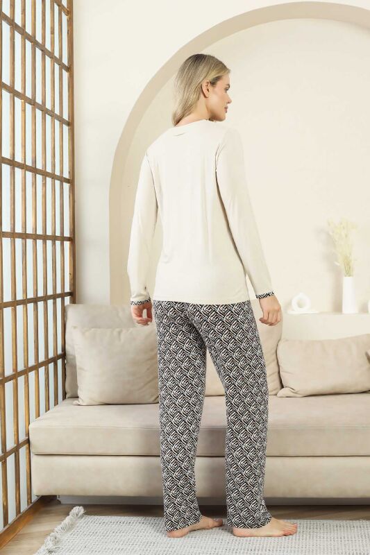 Etnik Desenli Kadın Pijama Takımı - Bej V Yaka Uzun Kollu Bambu Likralı 2866UY - 5