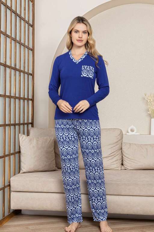 Etnik Desenli Kadın Pijama Takımı - Saks Mavi V Yaka Uzun Kollu Likralı Kumaş 2824UY - Alimer (1)