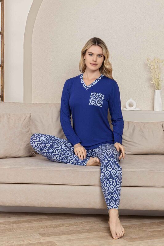 Etnik Desenli Kadın Pijama Takımı - Saks Mavi V Yaka Uzun Kollu Likralı Kumaş 2824UY - 5