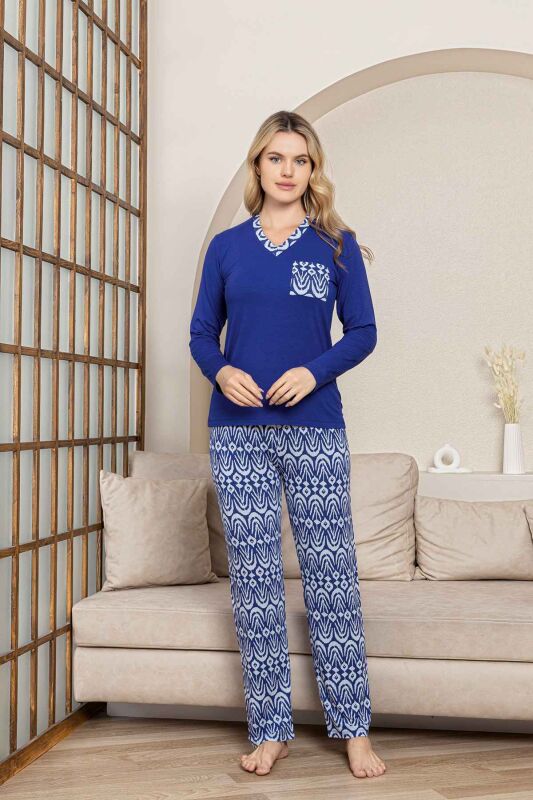 Etnik Desenli Kadın Pijama Takımı - Saks Mavi V Yaka Uzun Kollu Likralı Kumaş 2824UY - 3