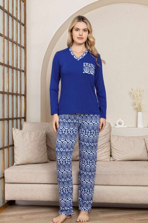 Etnik Desenli Kadın Pijama Takımı - Saks Mavi V Yaka Uzun Kollu Likralı Kumaş 2824UY - Alimer