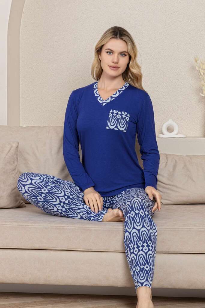 Etnik Desenli Kadın Pijama Takımı - Saks Mavi V Yaka Uzun Kollu Likralı Kumaş 2824UY - 4