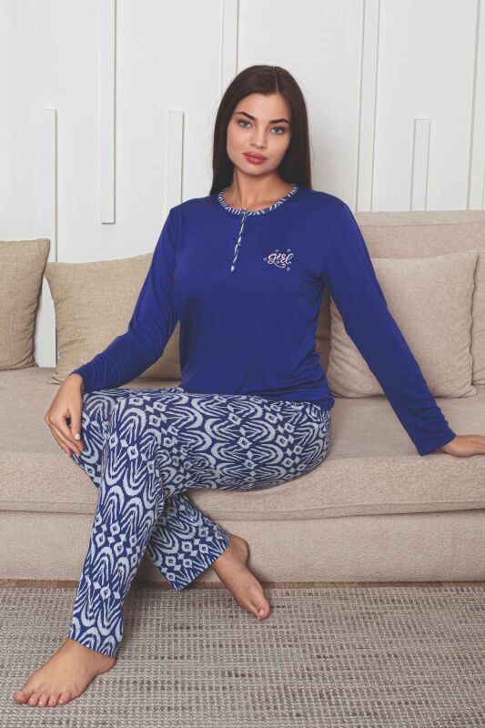Etnik Desenli Kadın Pijama Takımı - Saks Mavi Nakışlı Uzun Kollu Likralı Kumaş 2878UY - 2