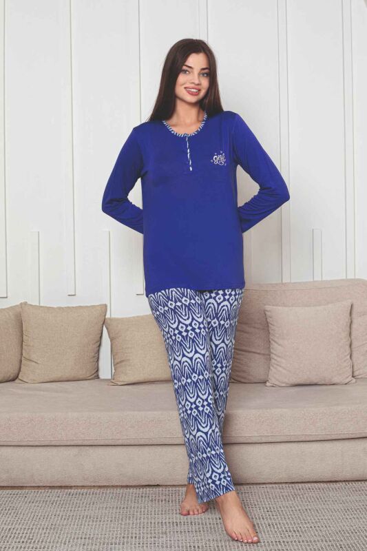 Etnik Desenli Kadın Pijama Takımı - Saks Mavi Nakışlı Uzun Kollu Likralı Kumaş 2878UY - 3