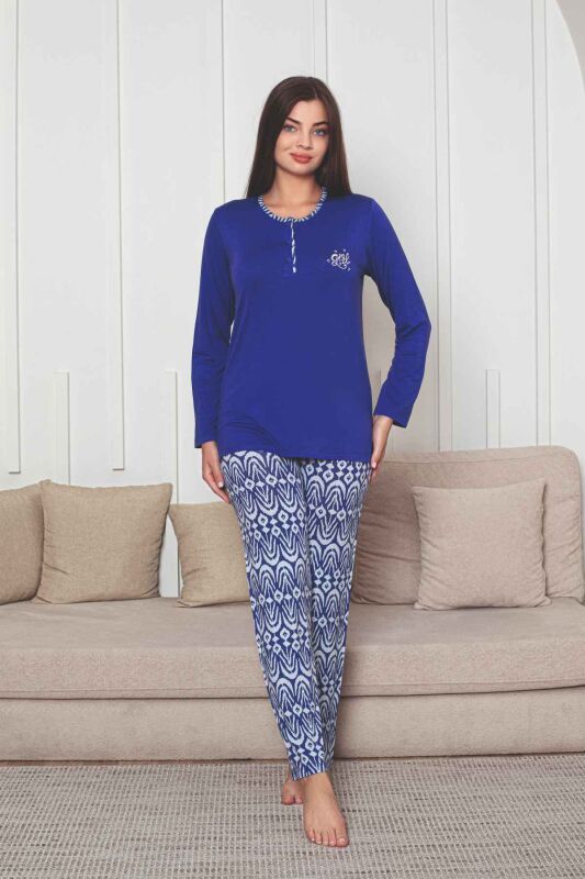 Etnik Desenli Kadın Pijama Takımı - Saks Mavi Nakışlı Uzun Kollu Likralı Kumaş 2878UY - 4