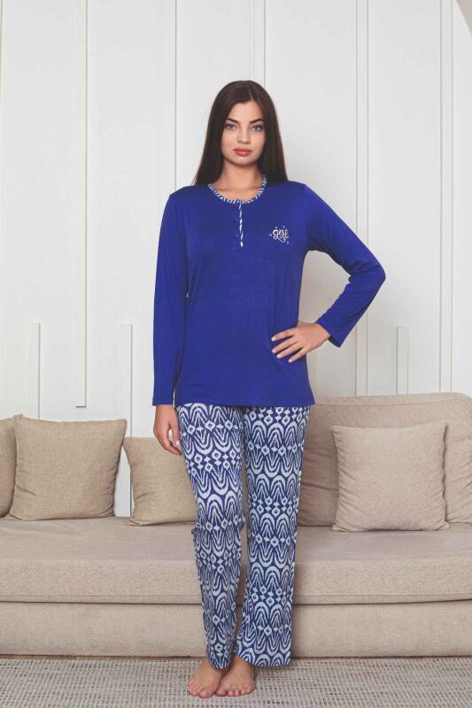 Etnik Desenli Kadın Pijama Takımı - Saks Mavi Nakışlı Uzun Kollu Likralı Kumaş 2878UY - 1
