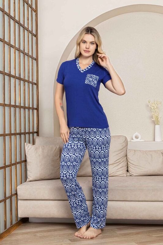 Etnik Desenli Kadın Pijama Takımı - Saks Mavi V Yaka Kısa Kollu Likralı Kumaş 2824KY - 3