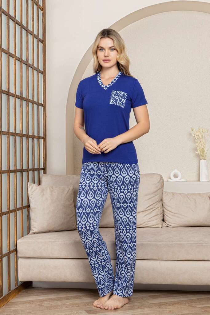 Etnik Desenli Kadın Pijama Takımı - Saks Mavi V Yaka Kısa Kollu Likralı Kumaş 2824KY - 3