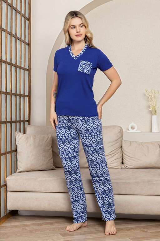 Etnik Desenli Kadın Pijama Takımı - Saks Mavi V Yaka Kısa Kollu Likralı Kumaş 2824KY - 4