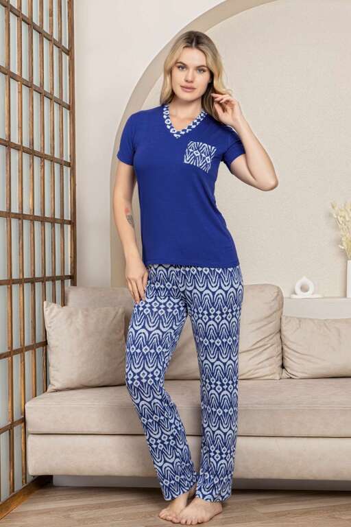 Etnik Desenli Kadın Pijama Takımı - Saks Mavi V Yaka Kısa Kollu Likralı Kumaş 2824KY - Alimer