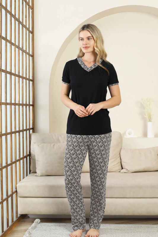Etnik Desenli Kadın Pijama Takımı - Siyah V Yaka Kısa Kollu Bambu Likralı 2866KY - 4