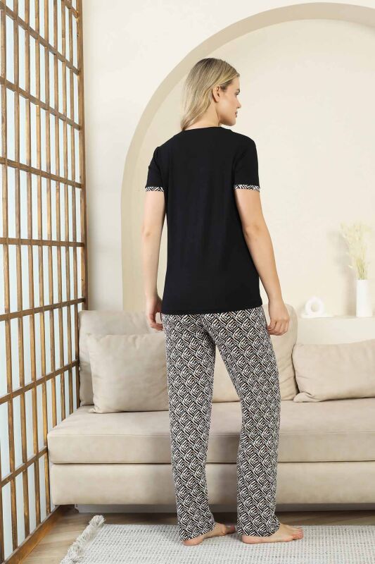 Etnik Desenli Kadın Pijama Takımı - Siyah V Yaka Kısa Kollu Bambu Likralı 2866KY - 5