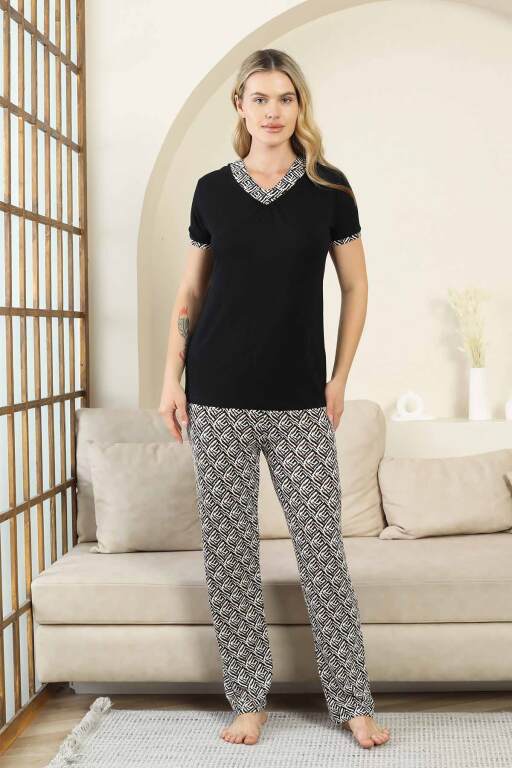 Etnik Desenli Kadın Pijama Takımı - Siyah V Yaka Kısa Kollu Bambu Likralı 2866KY - 4