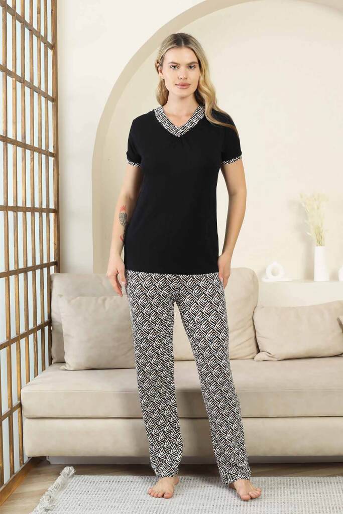 Etnik Desenli Kadın Pijama Takımı - Siyah V Yaka Kısa Kollu Bambu Likralı 2866KY - 4