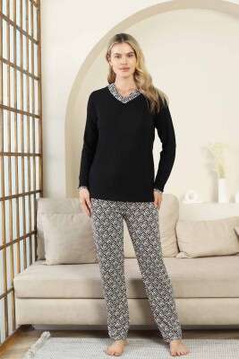 Etnik Desenli Kadın Pijama Takımı - Siyah V Yaka Uzun Kollu Bambu Likralı 2866UY - Alimer