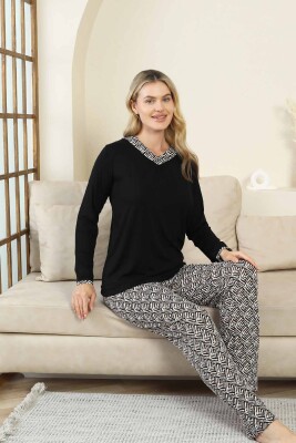 Etnik Desenli Kadın Pijama Takımı - Siyah V Yaka Uzun Kollu Bambu Likralı 2866UY - Alimer (1)