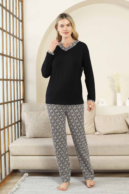 Etnik Desenli Kadın Pijama Takımı - Siyah V Yaka Uzun Kollu Bambu Likralı 2866UY - 4