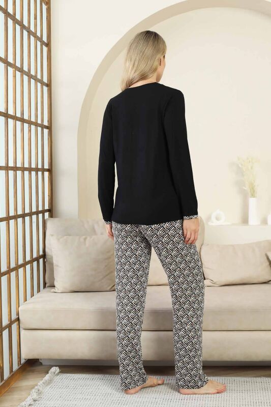 Etnik Desenli Kadın Pijama Takımı - Siyah V Yaka Uzun Kollu Bambu Likralı 2866UY - 5