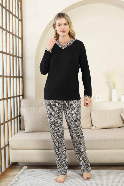 Etnik Desenli Kadın Pijama Takımı - Siyah V Yaka Uzun Kollu Bambu Likralı 2866UY - 3