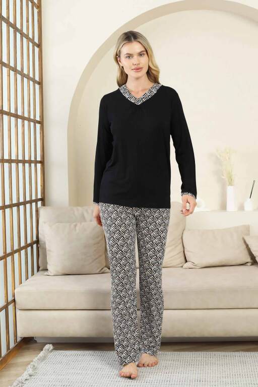 Etnik Desenli Kadın Pijama Takımı - Siyah V Yaka Uzun Kollu Bambu Likralı 2866UY - 4
